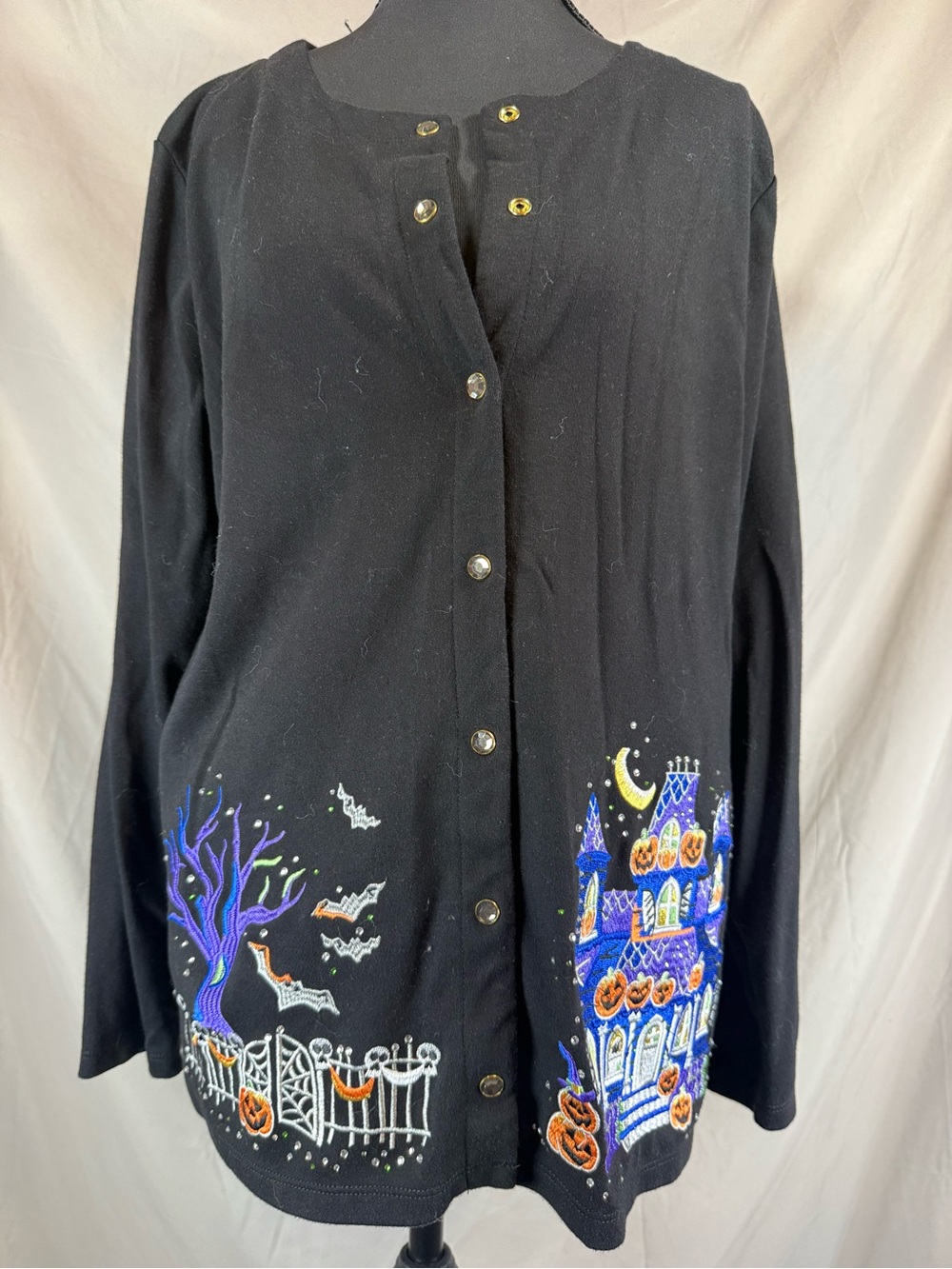 Quacker Factory Halloween Haunted House Embellished Cardigan Black - Size Large